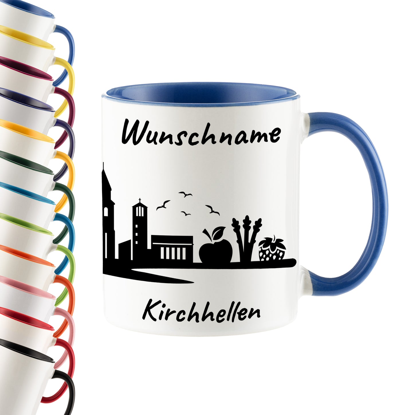 Tasse in Cambridge Blau 330ml bedruckt mit der Skyline von Kirchhellen personalisierbar mit Wunschname
