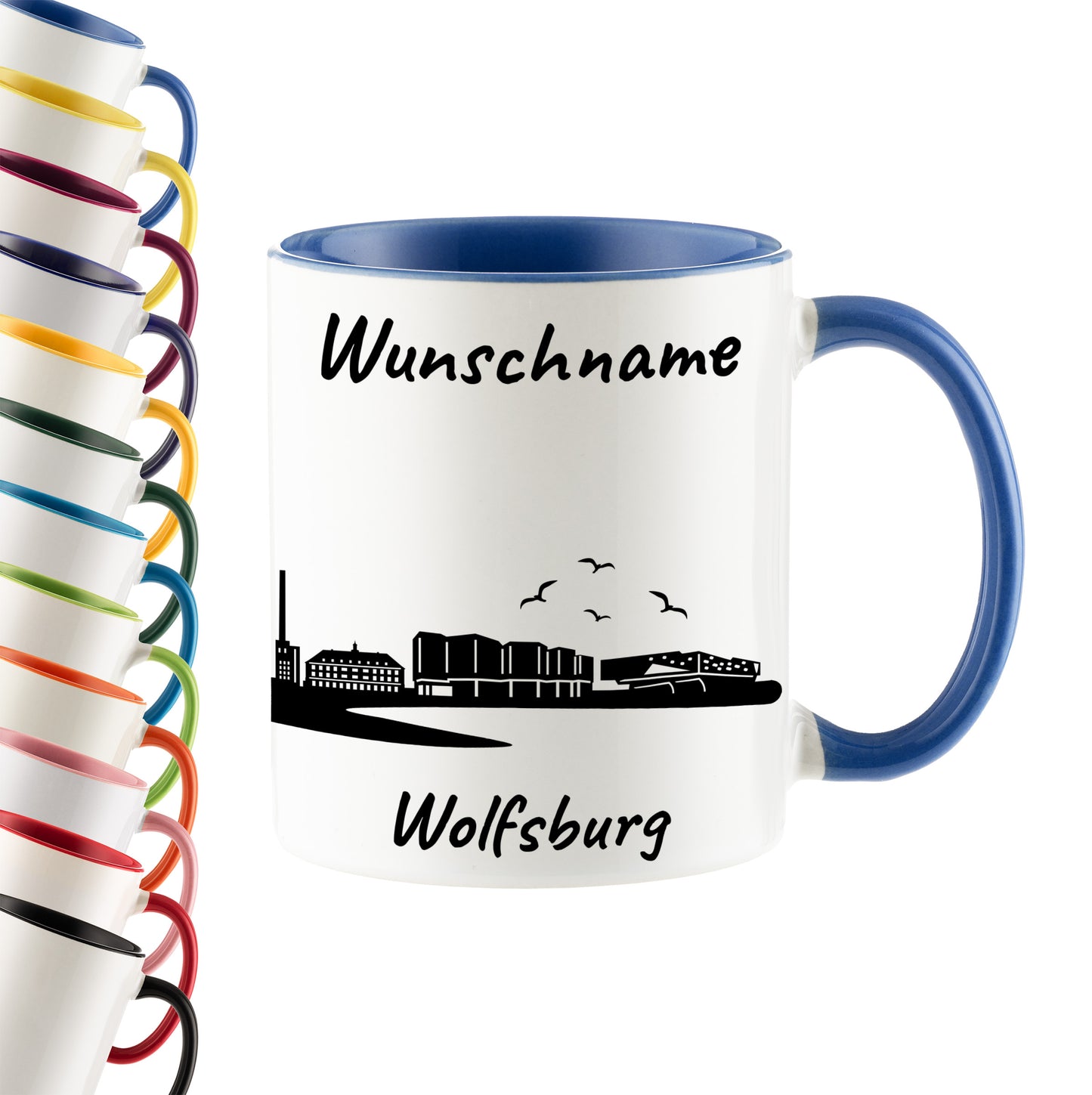Tasse in Cambridge Blau 330ml bedruckt mit der Skyline von Wolfsburg personalisierbar mit Wunschname