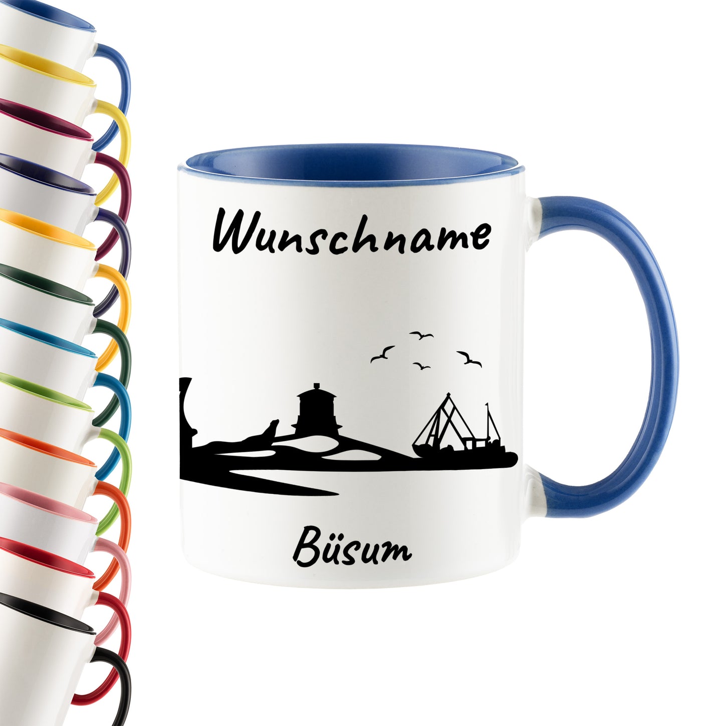 Tasse in Cambridge Blau 330ml bedruckt mit der Skyline von Büsum personalisierbar mit Wunschname