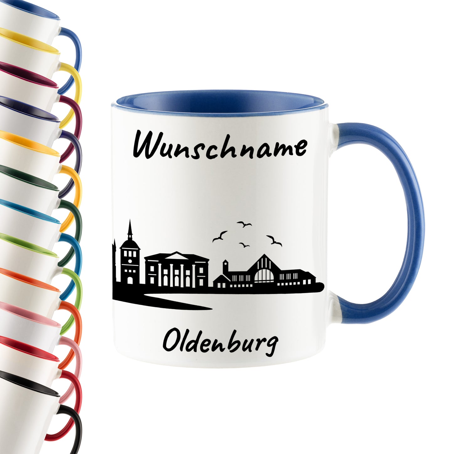 Tasse in Cambridge Blau 330ml bedruckt mit der Skyline von Oldenburg personalisierbar mit Wunschname