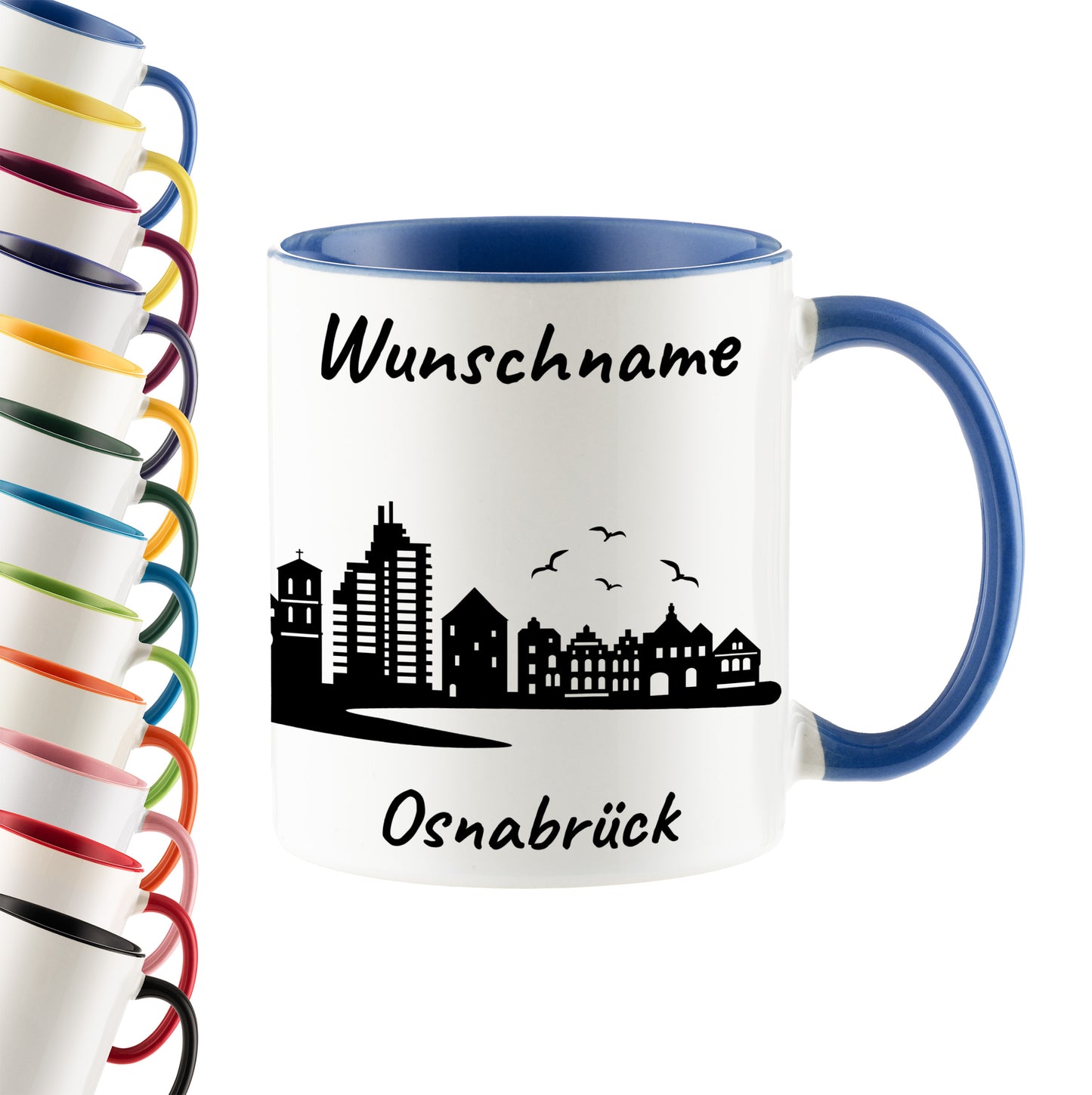 Tasse in Cambridge Blau 330ml bedruckt mit der Skyline von Osnabrück personalisierbar mit Wunschname