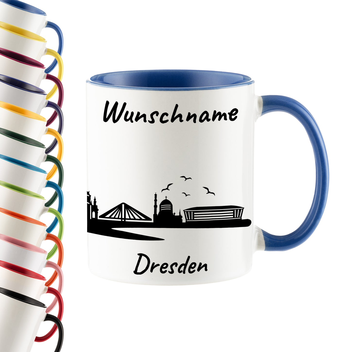 Tasse in Cambridge Blau 330ml bedruckt mit der Skyline von Dresden personalisierbar mit Wunschname