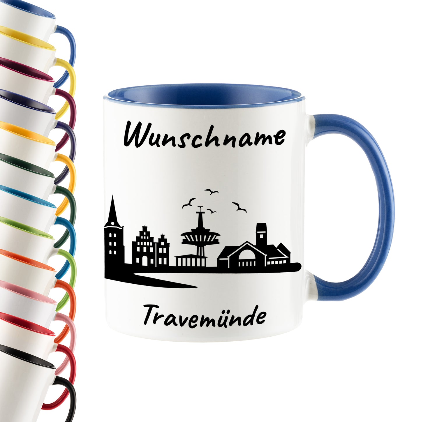 Tasse in Cambridge Blau 330ml bedruckt mit der Skyline von Travemünde personalisierbar mit Wunschname