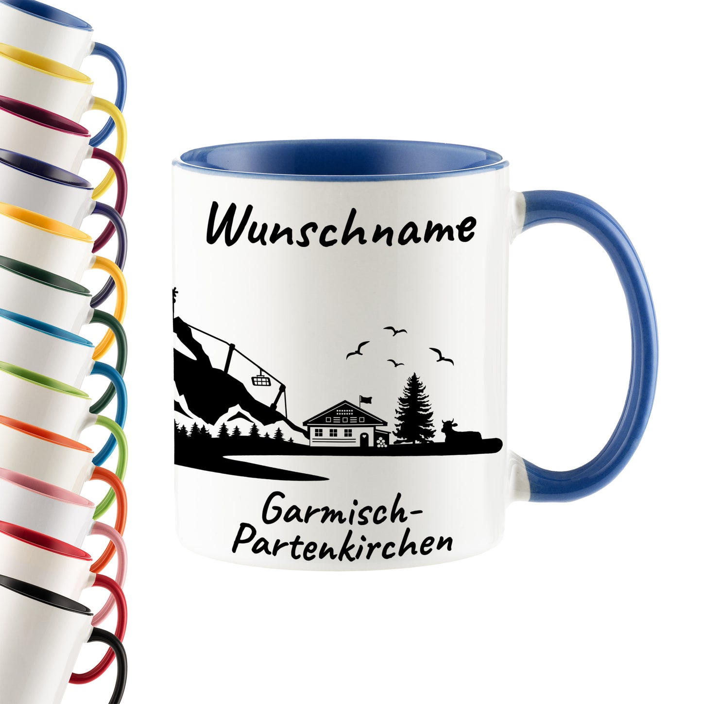 Tasse in Cambridge Blau 330ml bedruckt mit der Skyline von Garmisch-Partenkirchen personalisierbar mit Wunschname