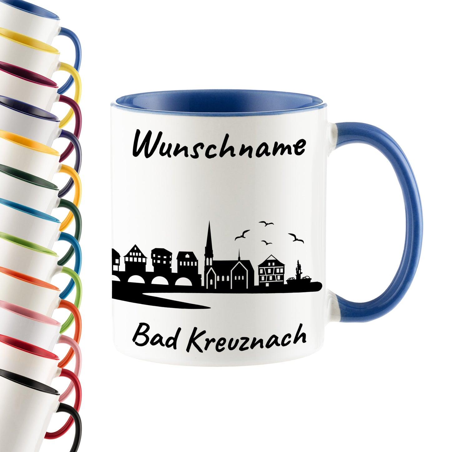 Tasse in Cambridge Blau 330ml bedruckt mit der Skyline von Bad Kreuznach personalisierbar mit Wunschname