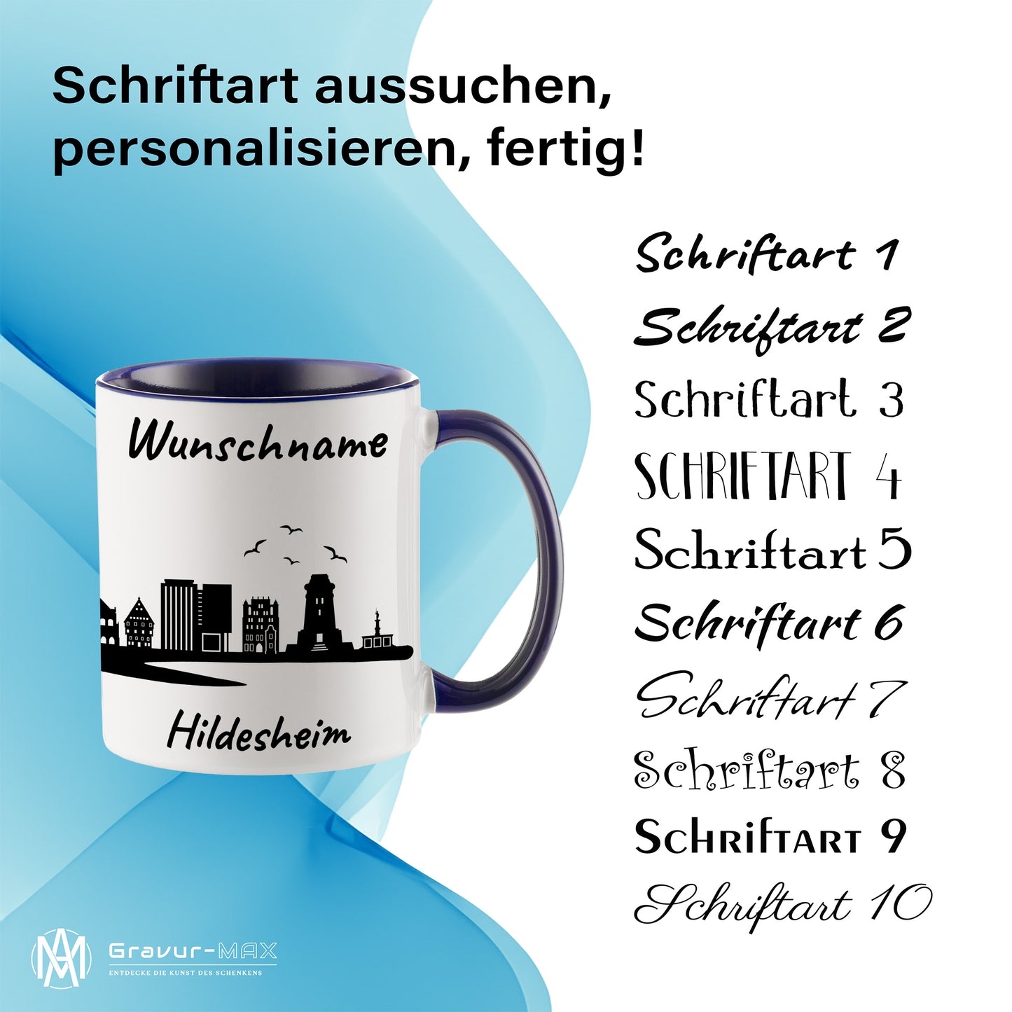Tasse in Dunkelblau 330ml bedruckt mit der Skyline von Hildesheim personalisierbar mit Wunschname