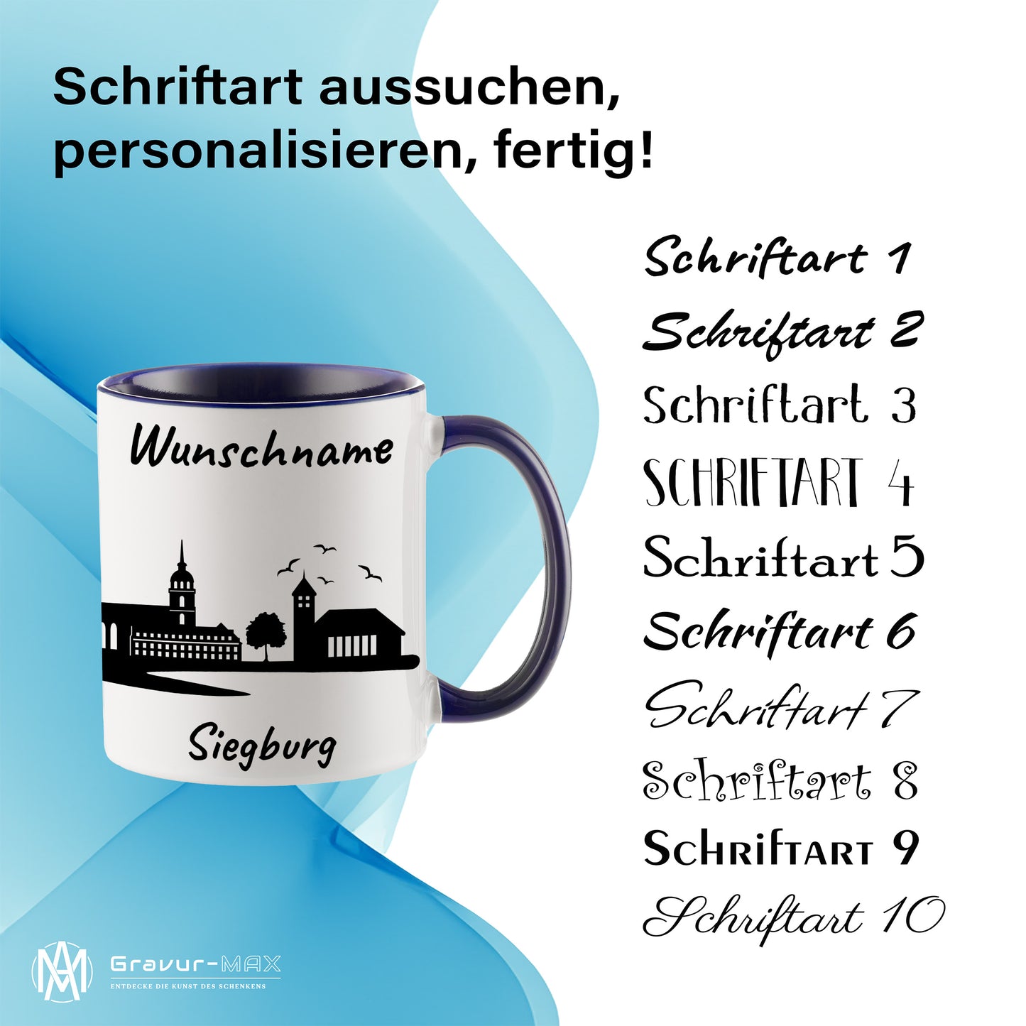 Tasse in Dunkelblau 330ml bedruckt mit der Skyline von Siegburg personalisierbar mit Wunschname