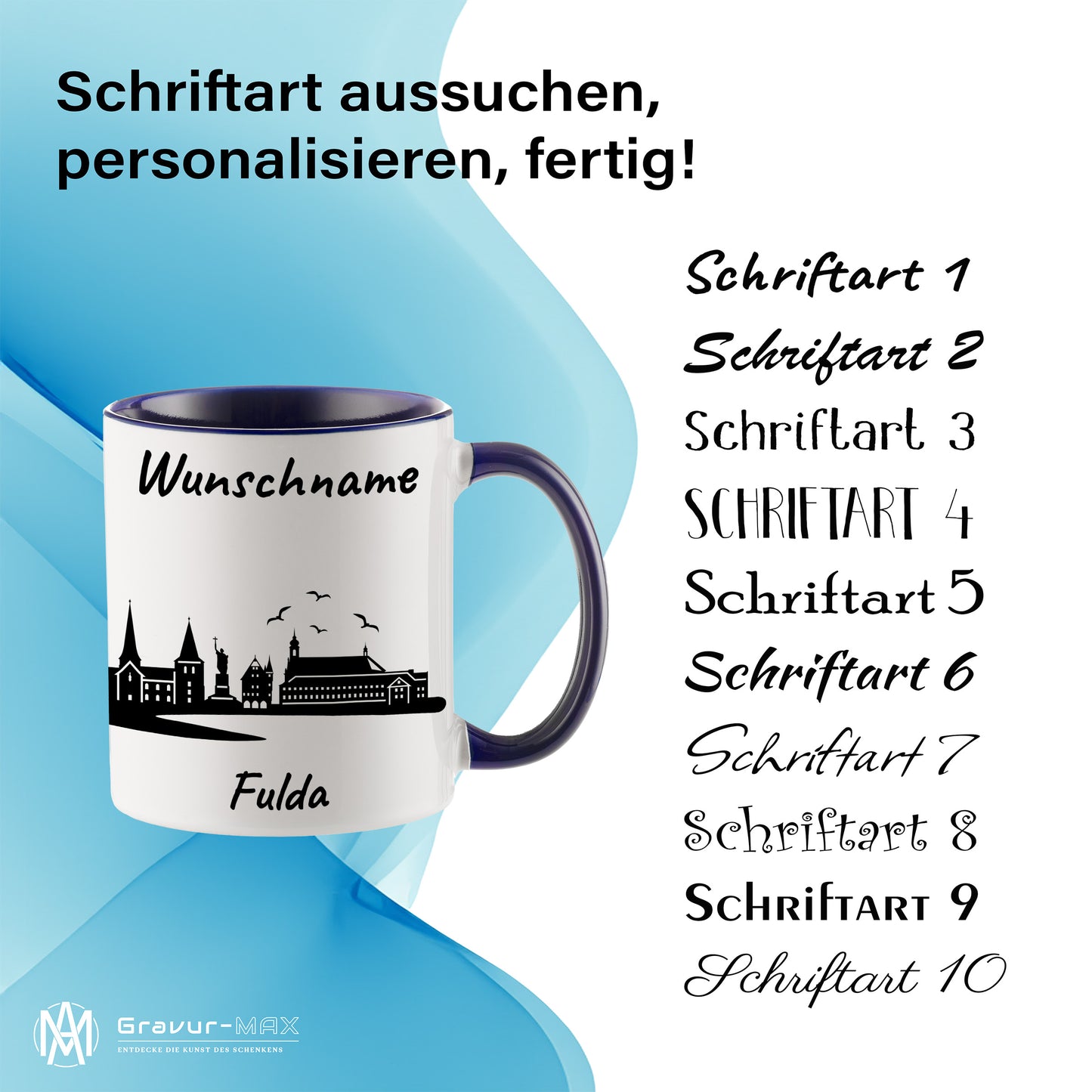 Tasse in Dunkelblau 330ml bedruckt mit der Skyline von Fulda personalisierbar mit Wunschname