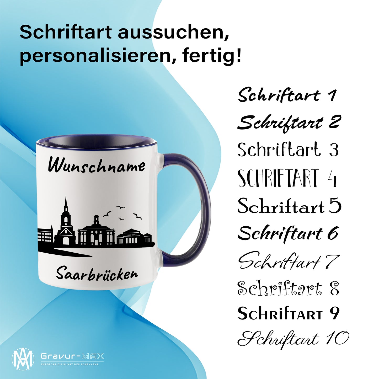 Tasse in Dunkelblau 330ml bedruckt mit der Skyline von Saarbrücken personalisierbar mit Wunschname