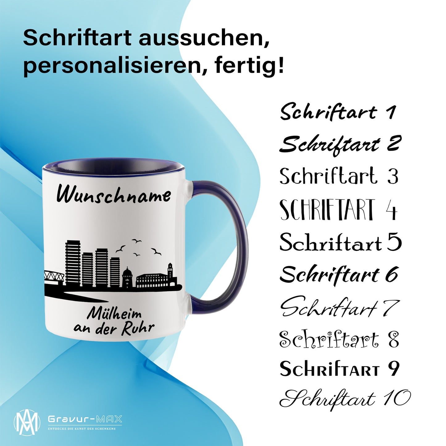 Tasse in Dunkelblau 330ml bedruckt mit der Skyline von Mülheim an der Ruhr personalisierbar mit Wunschname