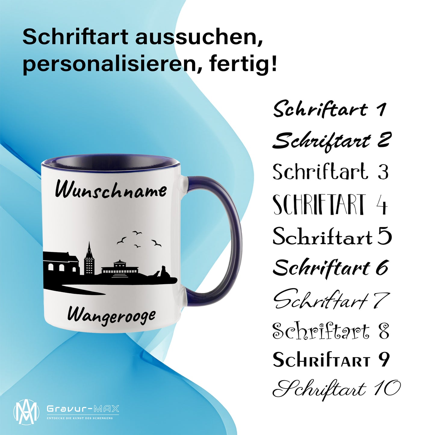 Tasse in Dunkelblau 330ml bedruckt mit der Skyline von Wangerooge personalisierbar mit Wunschname