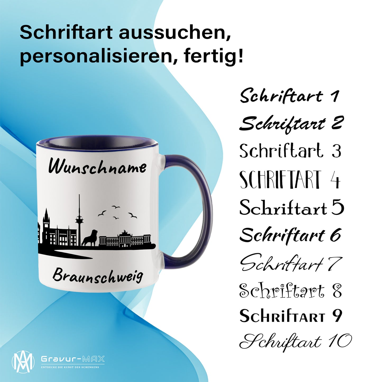 Tasse in Dunkelblau 330ml bedruckt mit der Skyline von Braunschweig personalisierbar mit Wunschname