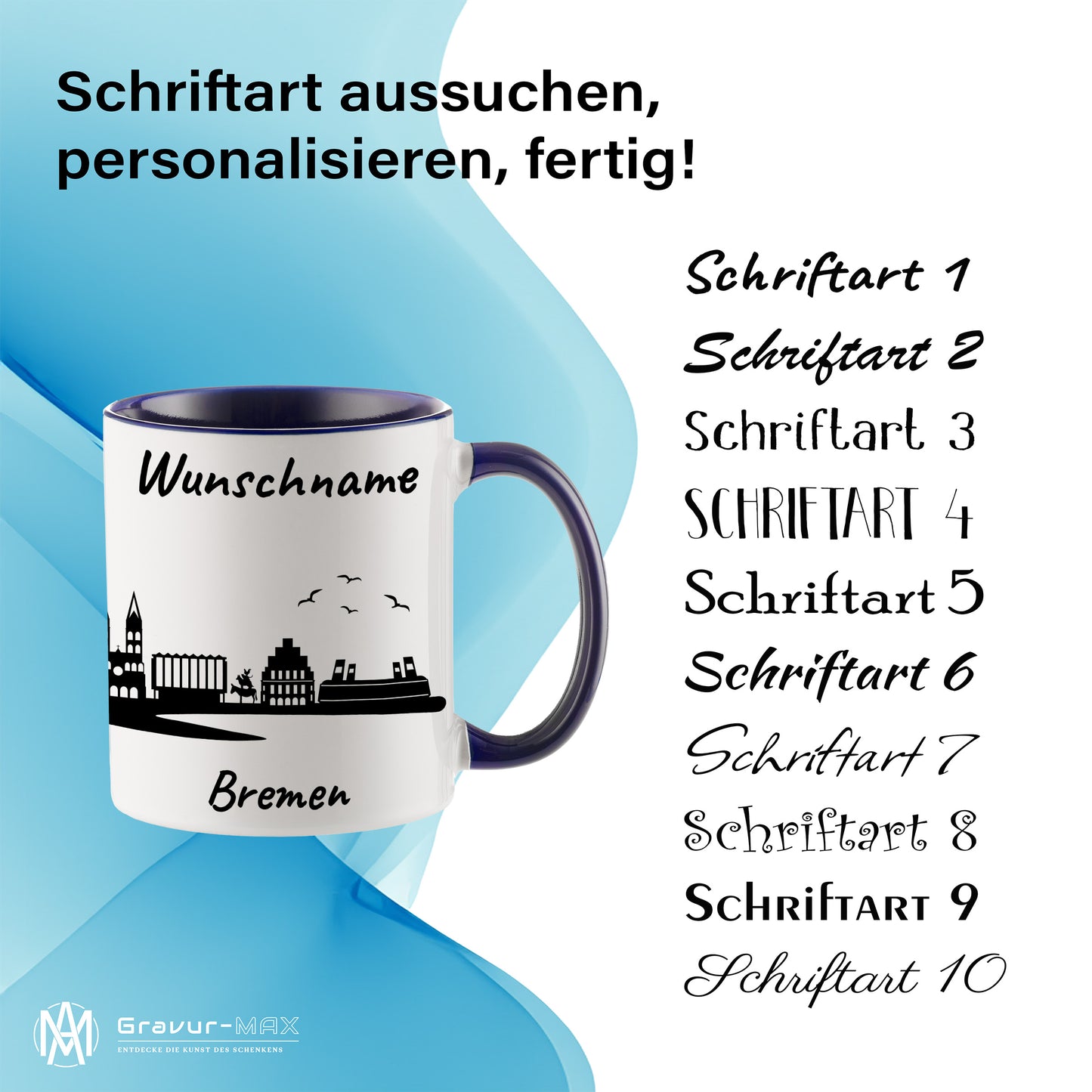 Tasse in Dunkelblau 330ml bedruckt mit der Skyline von Bremen personalisierbar mit Wunschname