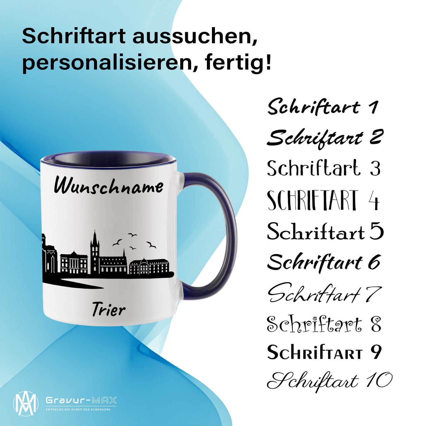 Tasse in Dunkelblau 330ml bedruckt mit der Skyline von Trier personalisierbar mit Wunschname