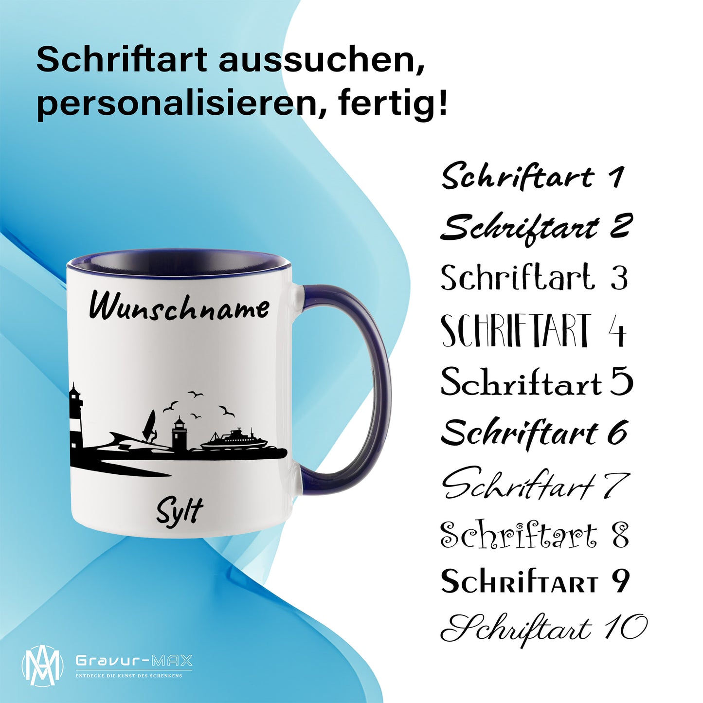 Tasse in Dunkelblau 330ml bedruckt mit der Skyline von Sylt personalisierbar mit Wunschname