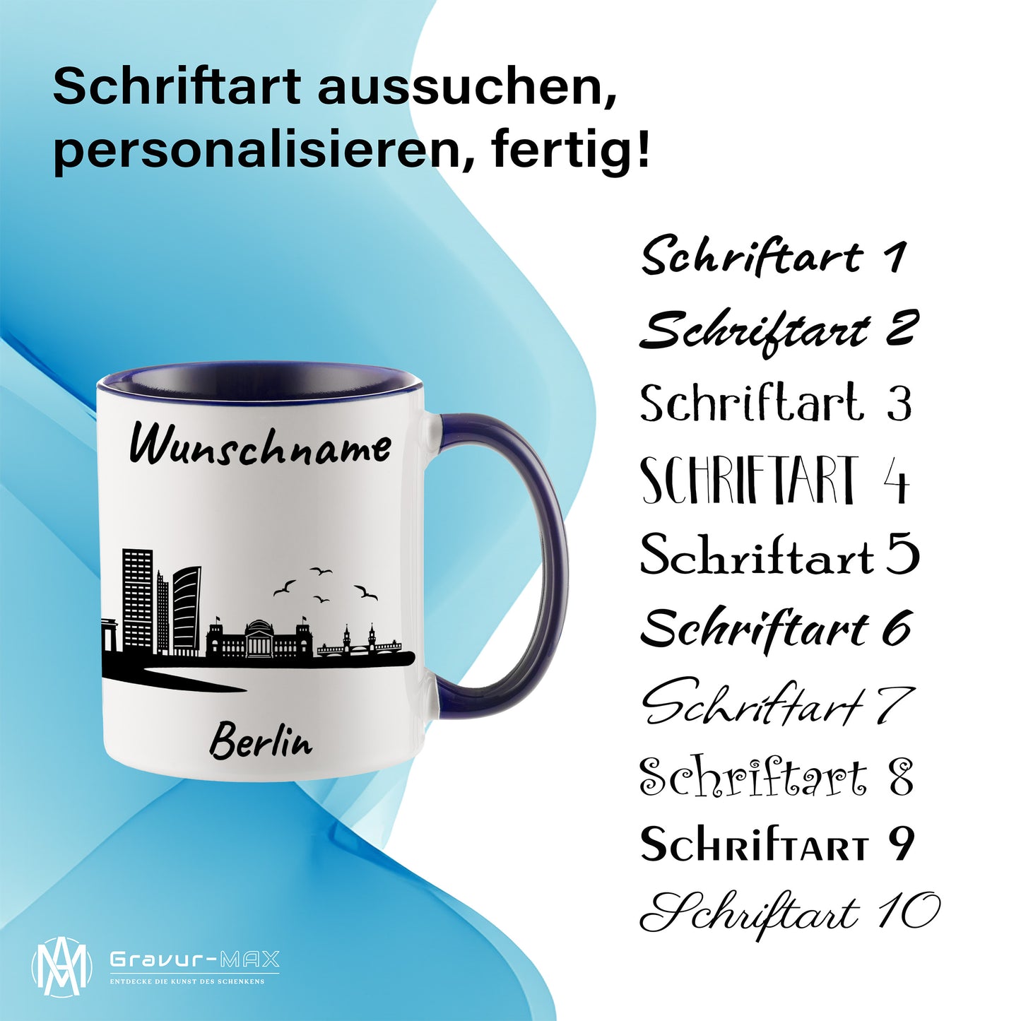 Tasse in Dunkelblau 330ml bedruckt mit der Skyline von Berlin personalisierbar mit Wunschname