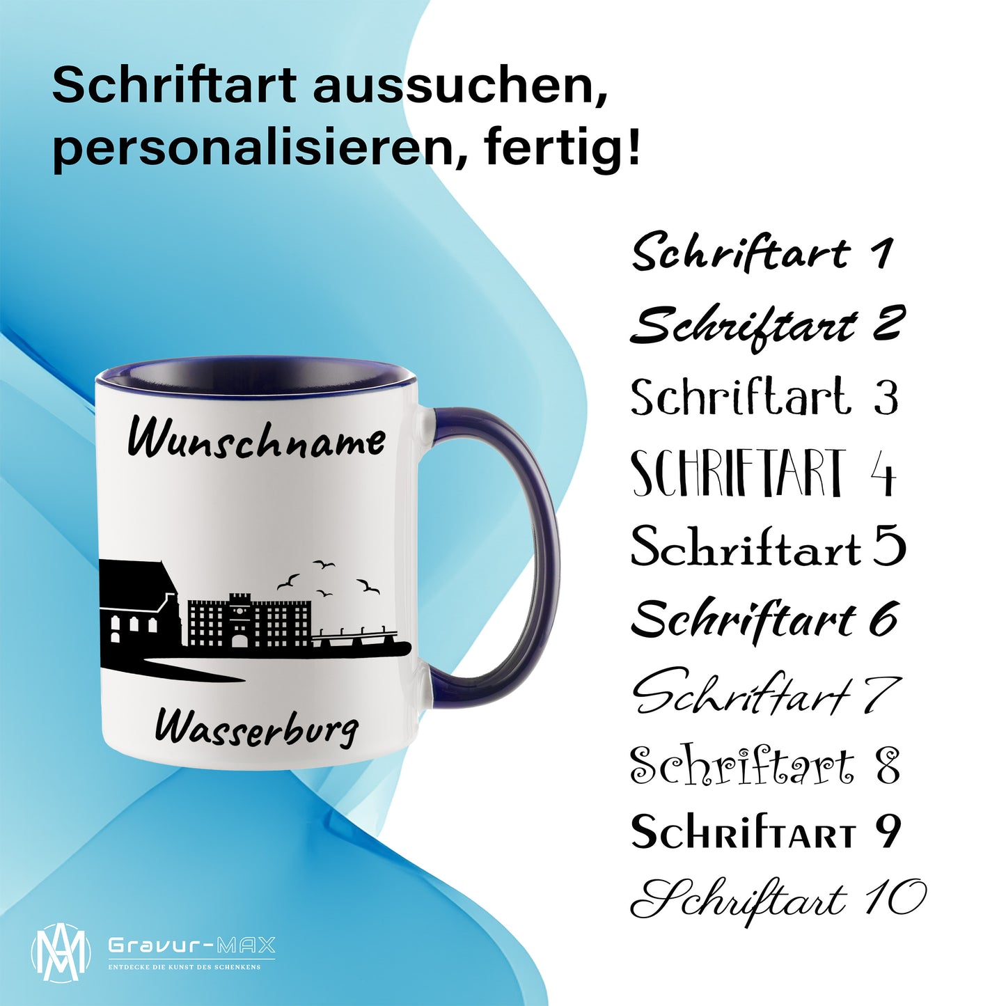 Tasse in Dunkelblau 330ml bedruckt mit der Skyline von Wasserburg personalisierbar mit Wunschname
