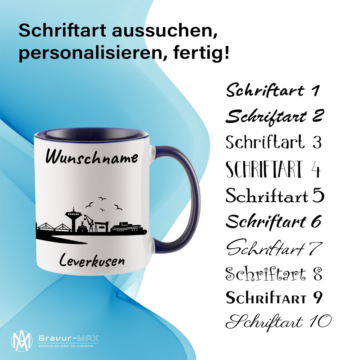 Tasse in Dunkelblau 330ml bedruckt mit der Skyline von Leverkusen personalisierbar mit Wunschname