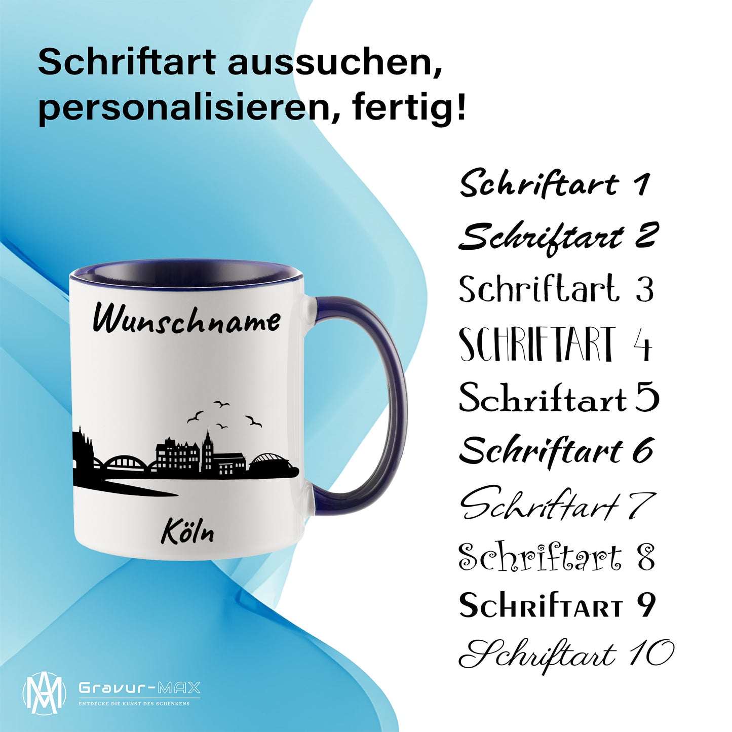 Tasse in Dunkelblau 330ml bedruckt mit der Skyline von Köln personalisierbar mit Wunschname
