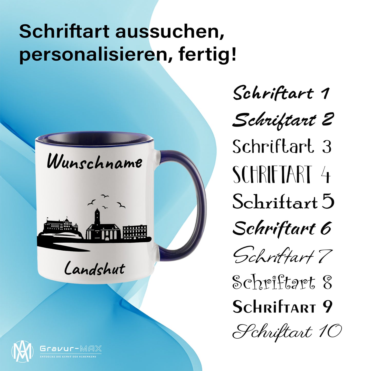 Tasse in Dunkelblau 330ml bedruckt mit der Skyline von Landshut personalisierbar mit Wunschname
