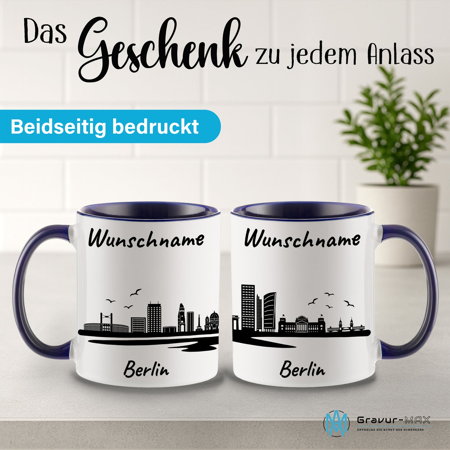 Tasse in Dunkelblau 330ml bedruckt mit der Skyline von Berlin personalisierbar mit Wunschname