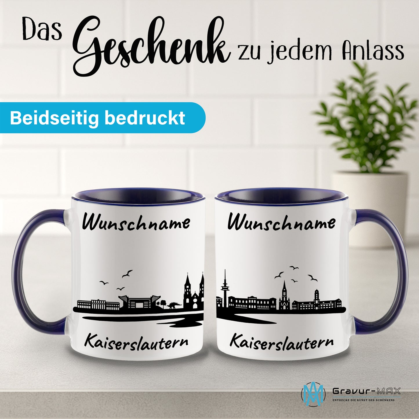 Tasse in Dunkelblau 330ml bedruckt mit der Skyline von Kaiserslautern personalisierbar mit Wunschname