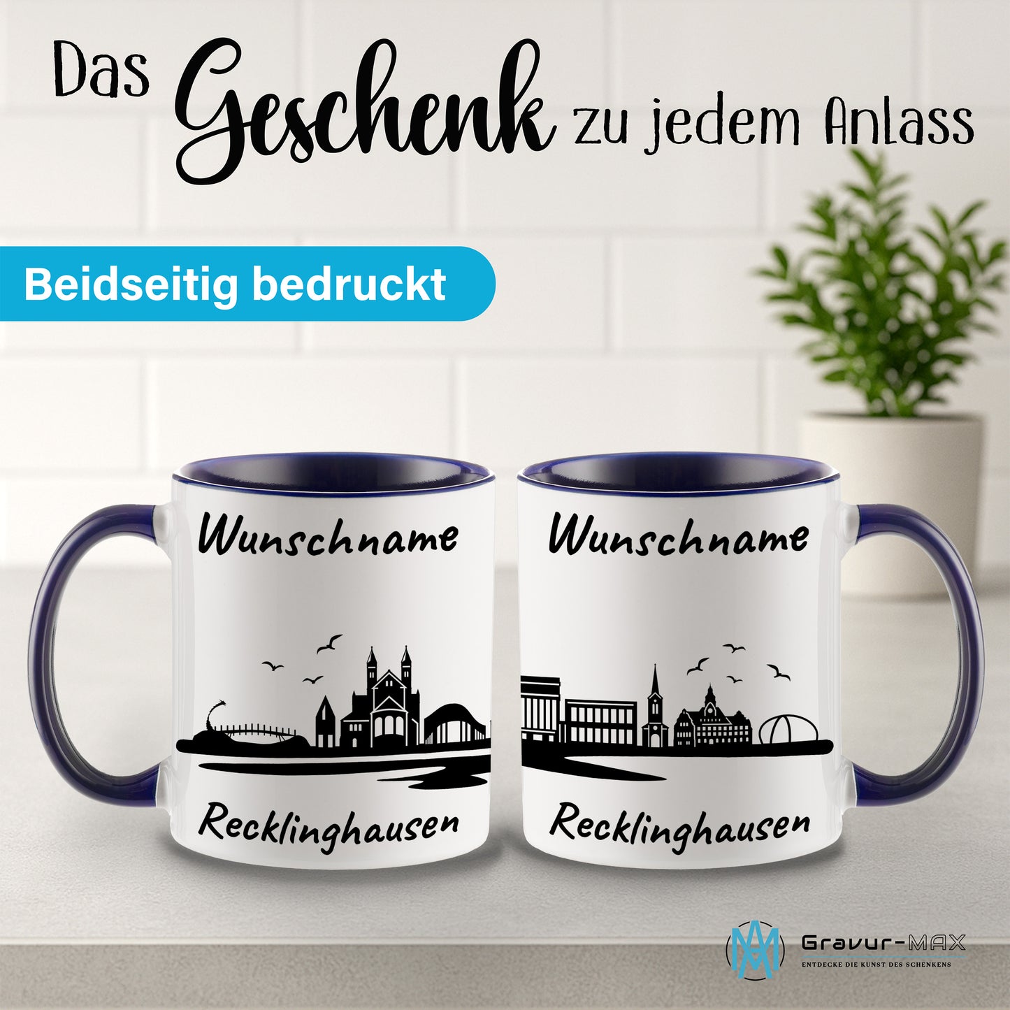Tasse in Dunkelblau 330ml bedruckt mit der Skyline von Recklinghausen personalisierbar mit Wunschname