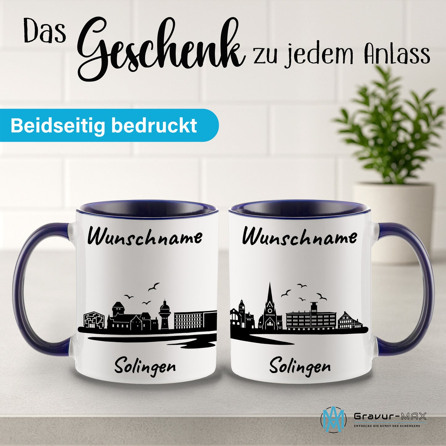 Tasse in Dunkelblau 330ml bedruckt mit der Skyline von Solingen personalisierbar mit Wunschname