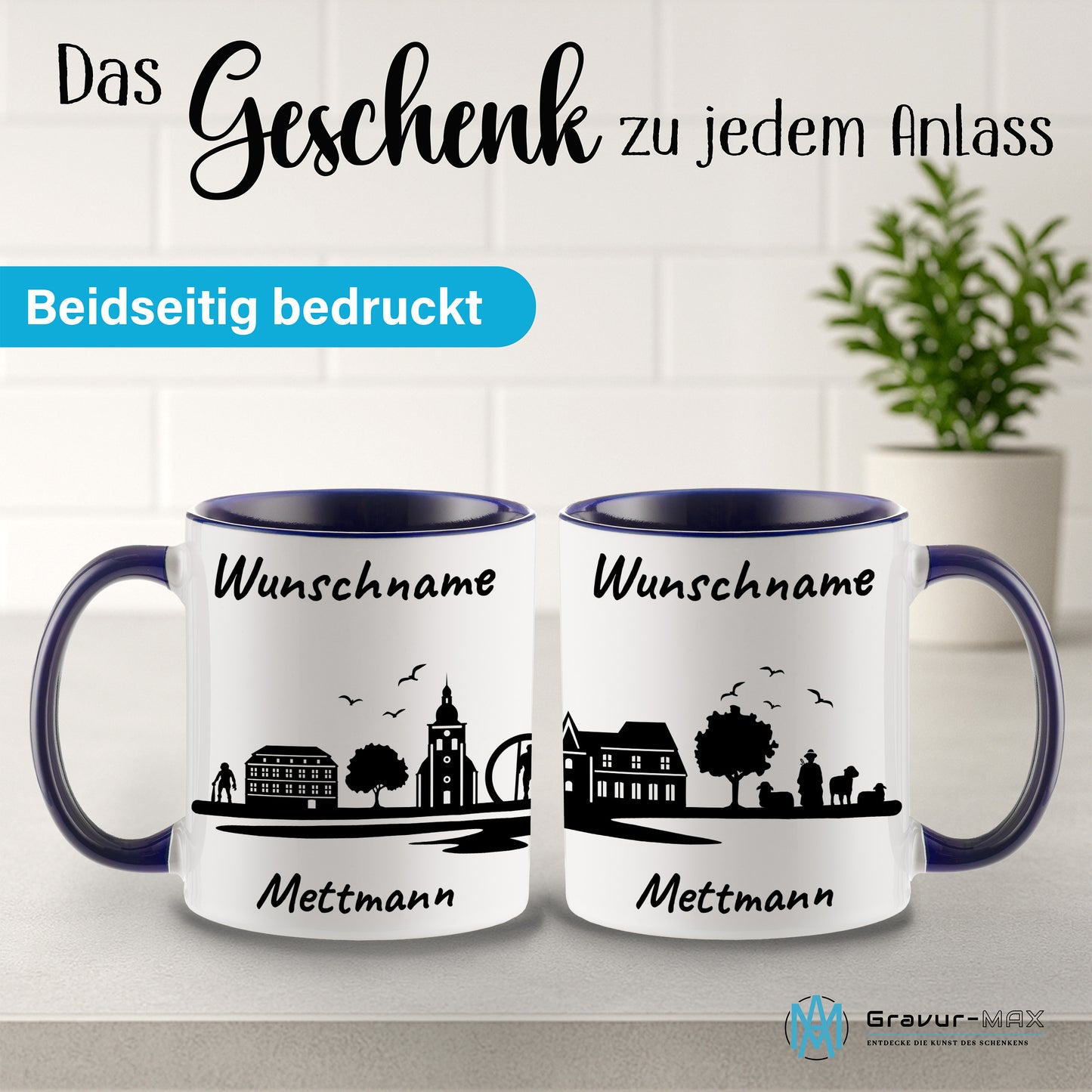 Tasse in Dunkelblau 330ml bedruckt mit der Skyline von Mettmann personalisierbar mit Wunschname