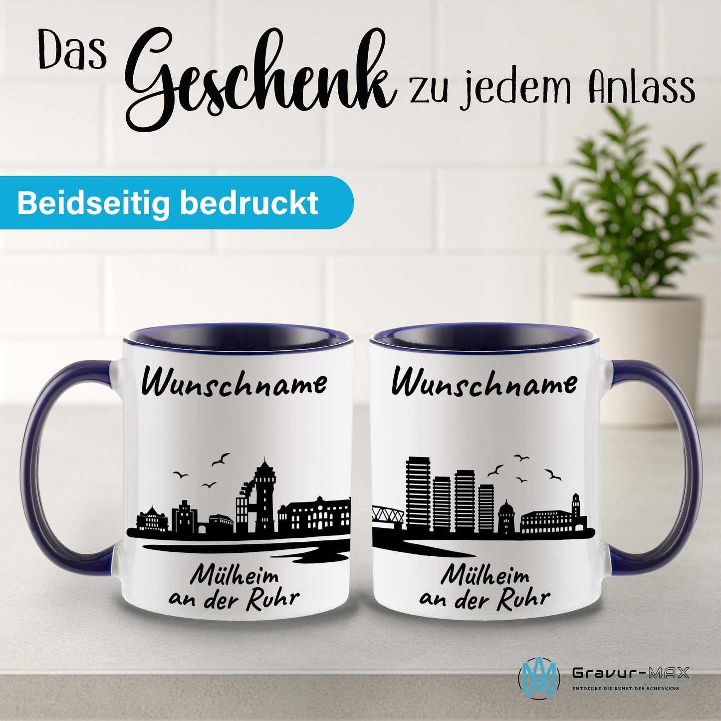 Tasse in Dunkelblau 330ml bedruckt mit der Skyline von Mülheim an der Ruhr personalisierbar mit Wunschname