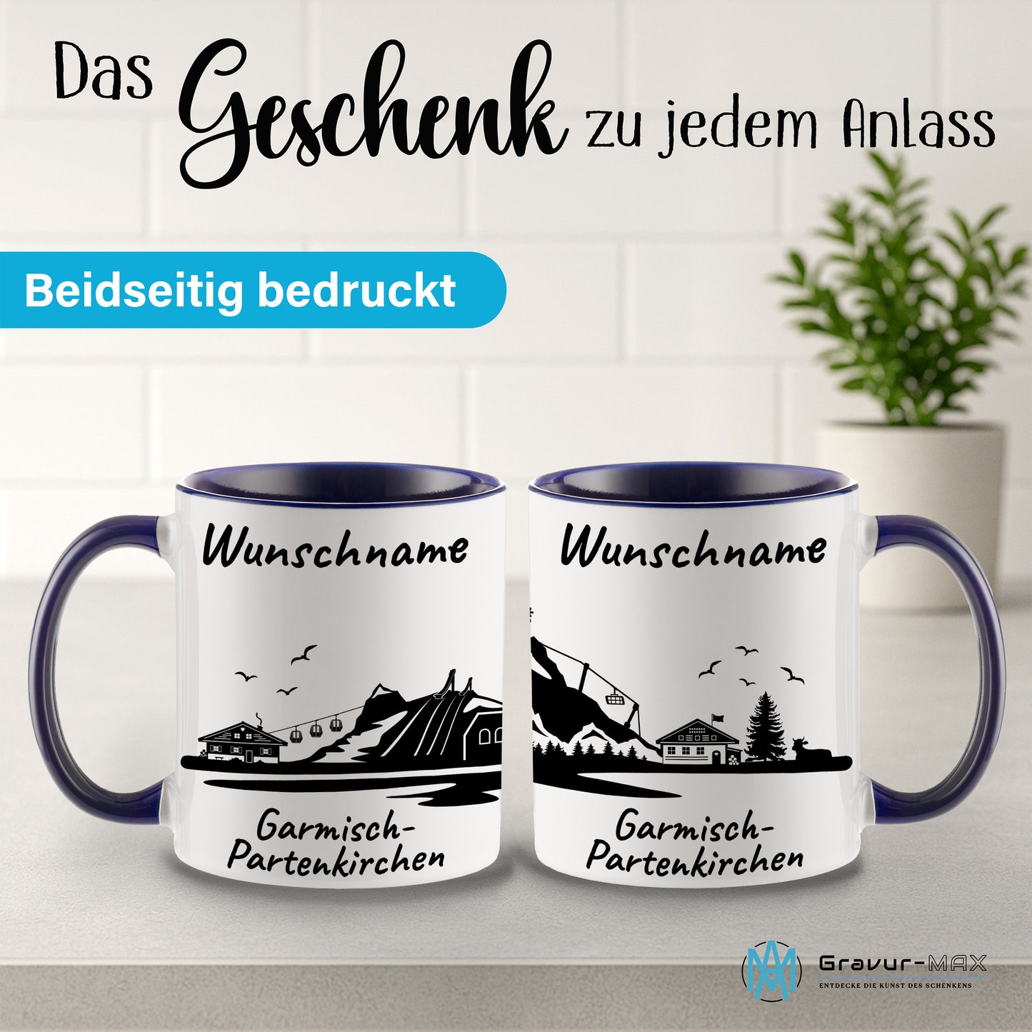 Tasse in Dunkelblau 330ml bedruckt mit der Skyline von Garmisch-Partenkirchen personalisierbar mit Wunschname
