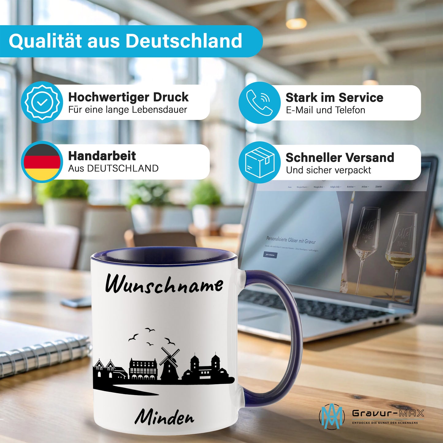 Tasse in Dunkelblau 330ml bedruckt mit der Skyline von Minden personalisierbar mit Wunschname