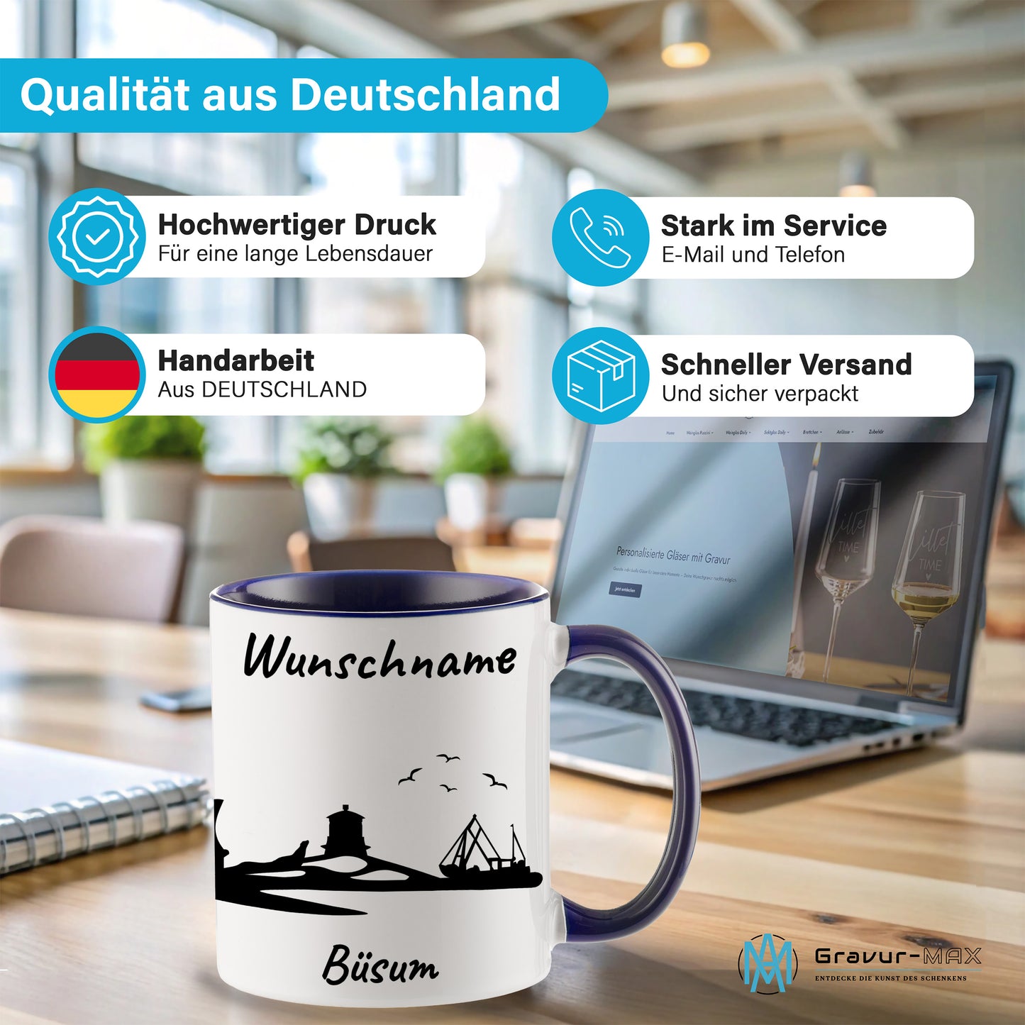 Tasse in Dunkelblau 330ml bedruckt mit der Skyline von Büsum personalisierbar mit Wunschname