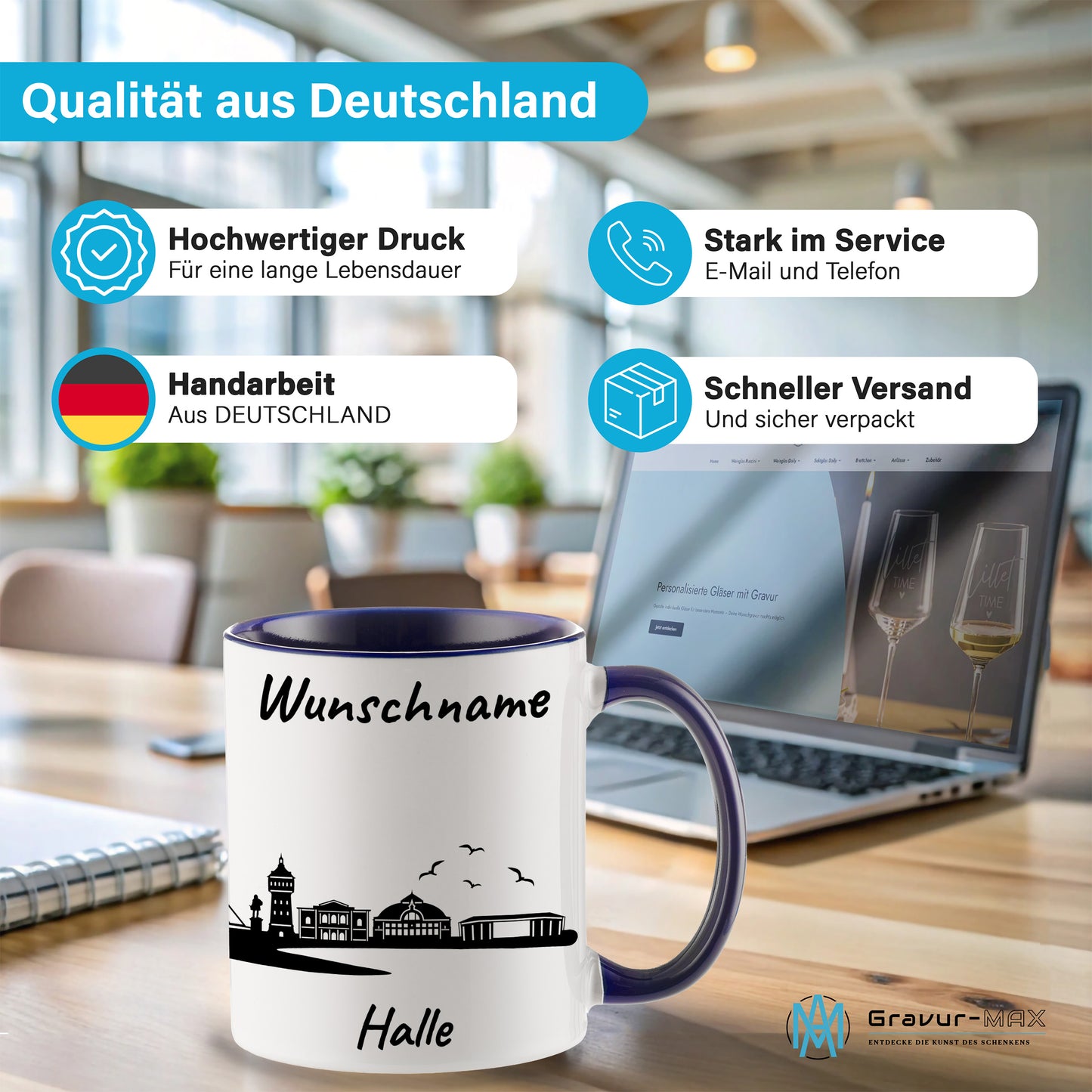Tasse in Dunkelblau 330ml bedruckt mit der Skyline von Halle personalisierbar mit Wunschname