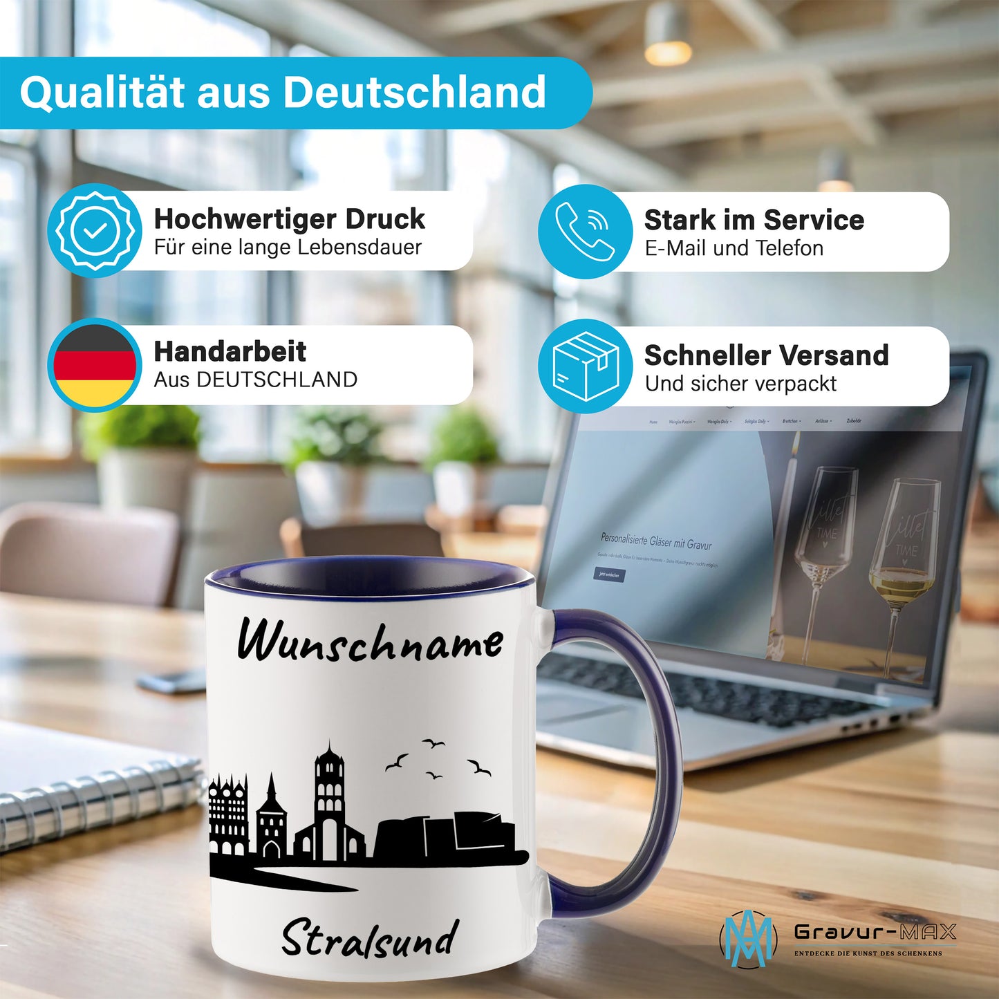 Tasse in Dunkelblau 330ml bedruckt mit der Skyline von Stralsund personalisierbar mit Wunschname