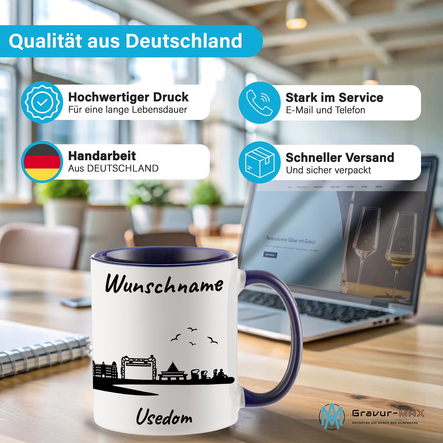 Tasse in Dunkelblau 330ml bedruckt mit der Skyline von Usedom personalisierbar mit Wunschname