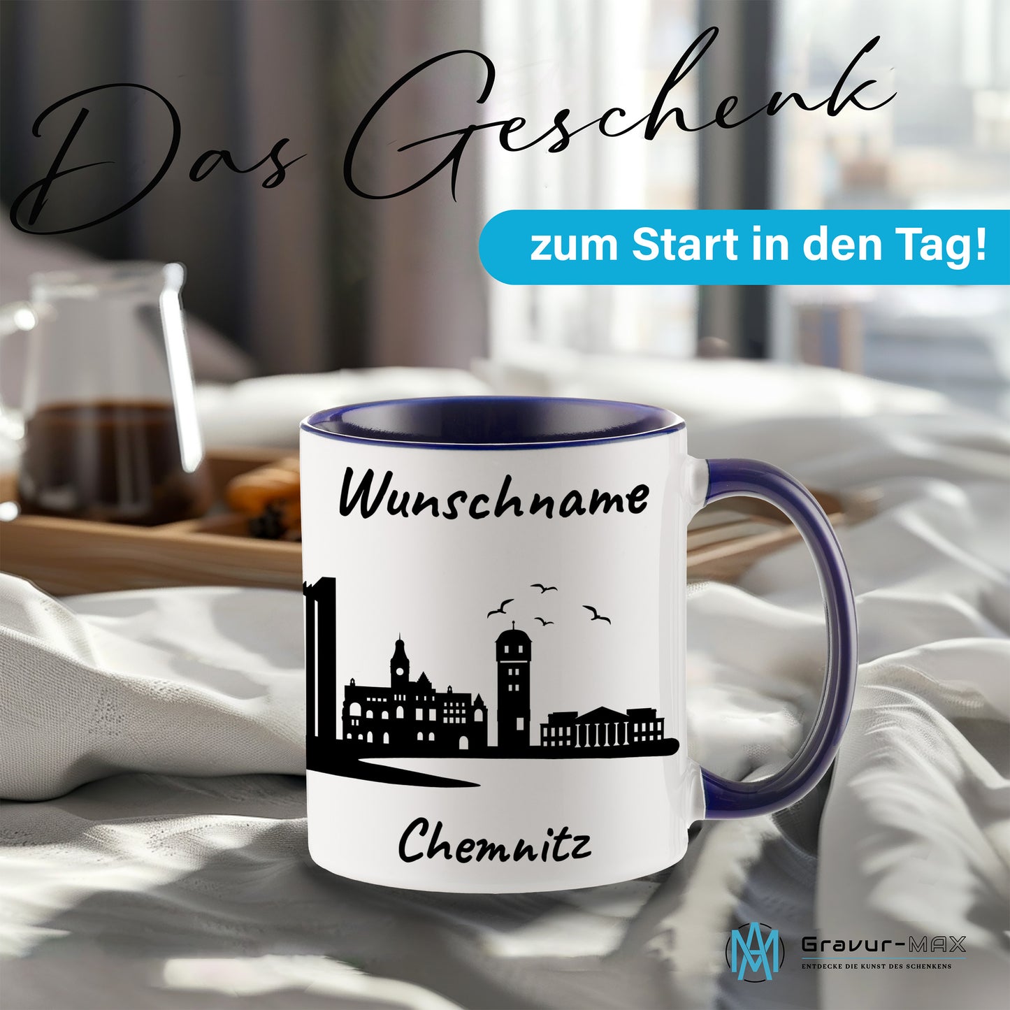 Tasse in Dunkelblau 330ml bedruckt mit der Skyline von Chemnitz personalisierbar mit Wunschname