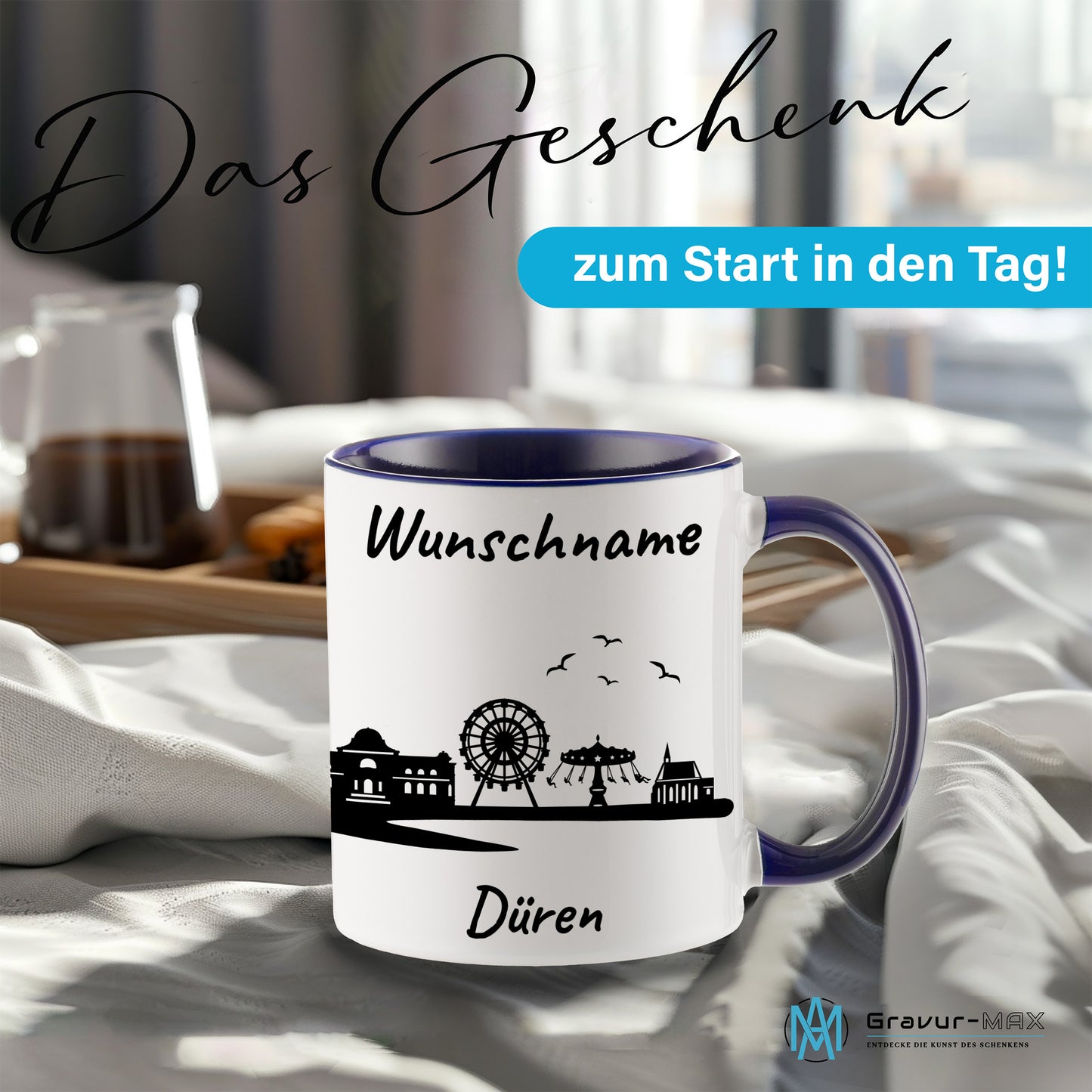 Tasse in Dunkelblau 330ml bedruckt mit der Skyline von Düren personalisierbar mit Wunschname