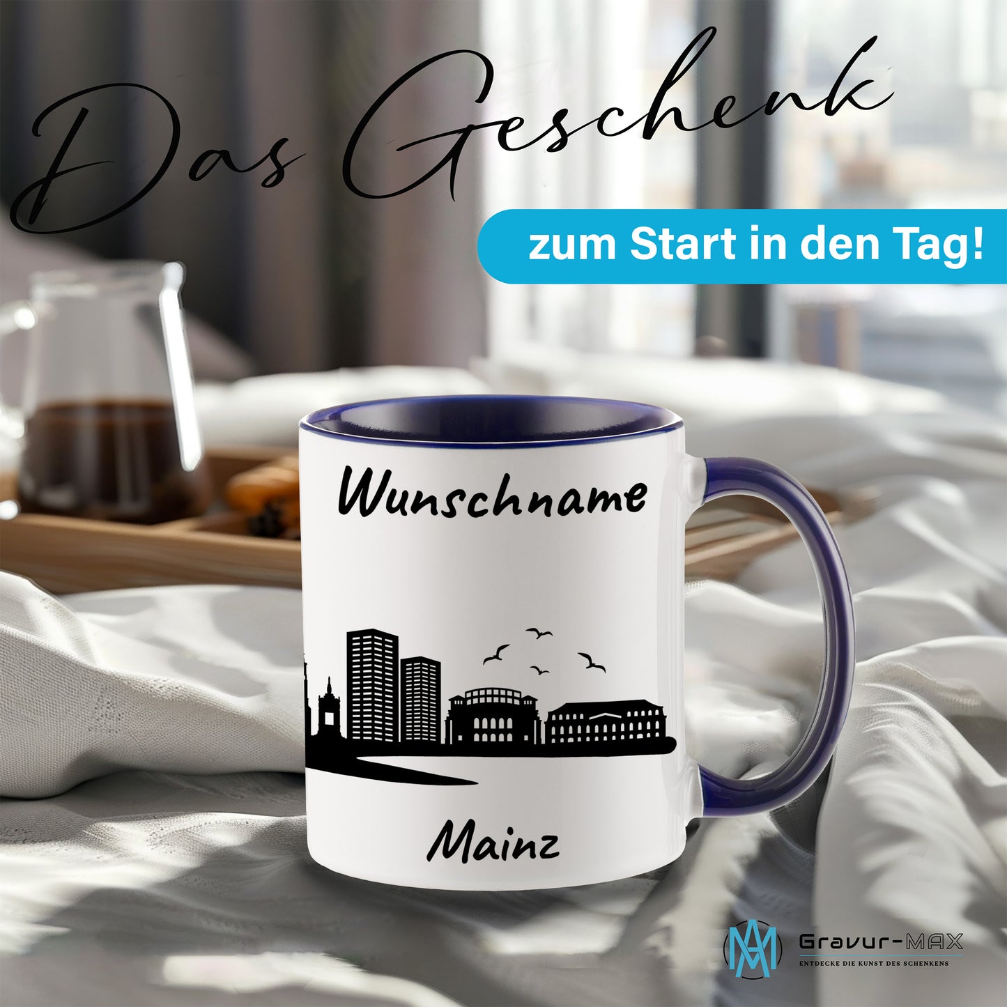 Tasse in Dunkelblau 330ml bedruckt mit der Skyline von Mainz personalisierbar mit Wunschname