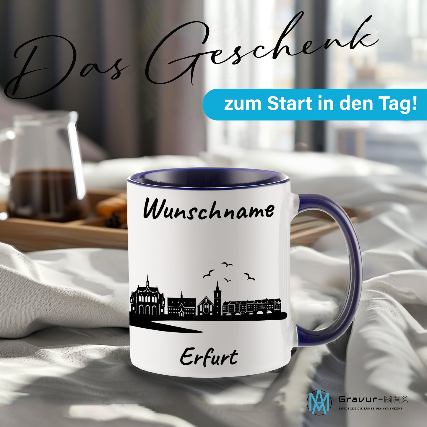 Tasse in Dunkelblau 330ml bedruckt mit der Skyline von Erfurt personalisierbar mit Wunschname