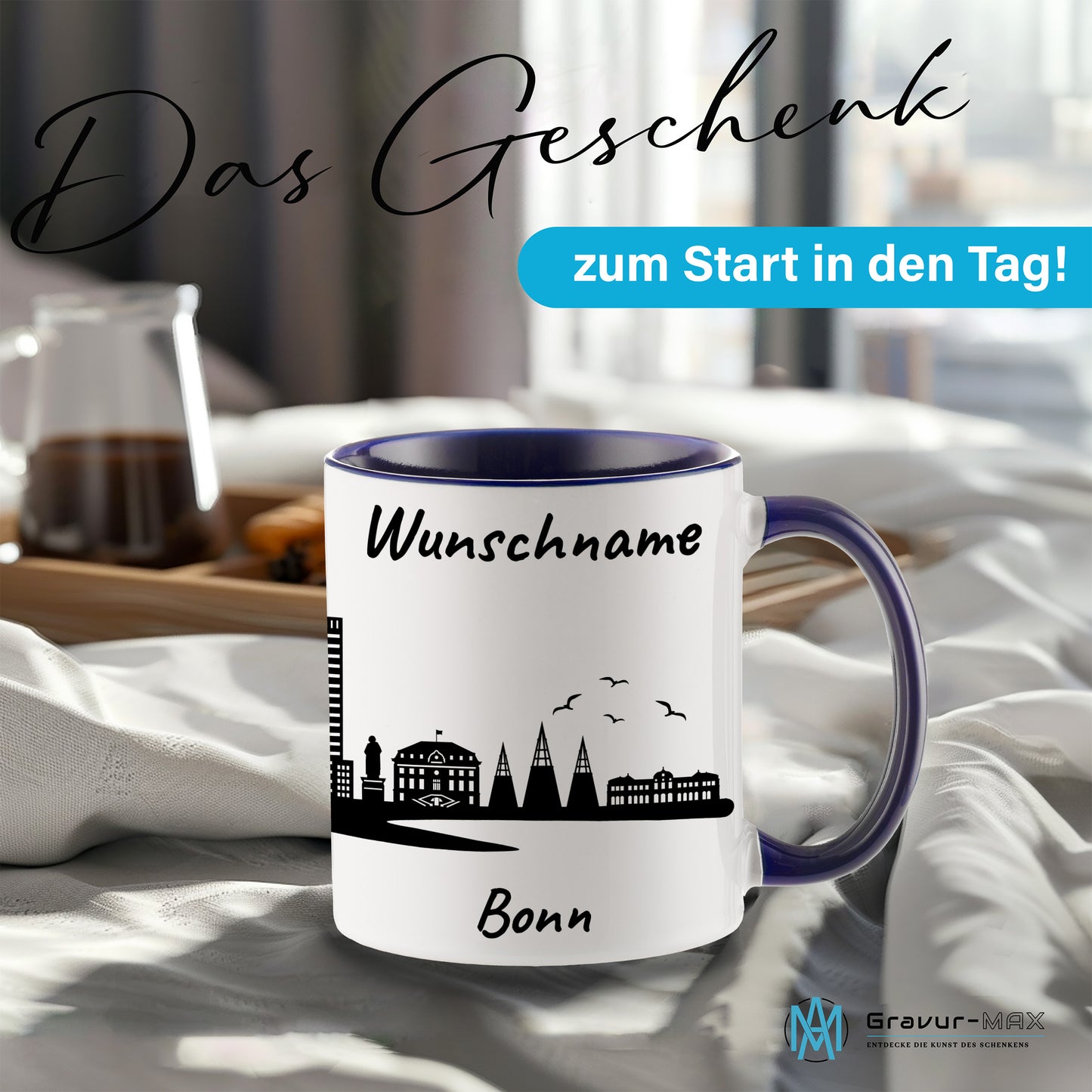 Tasse in Dunkelblau 330ml bedruckt mit der Skyline von Bonn personalisierbar mit Wunschname
