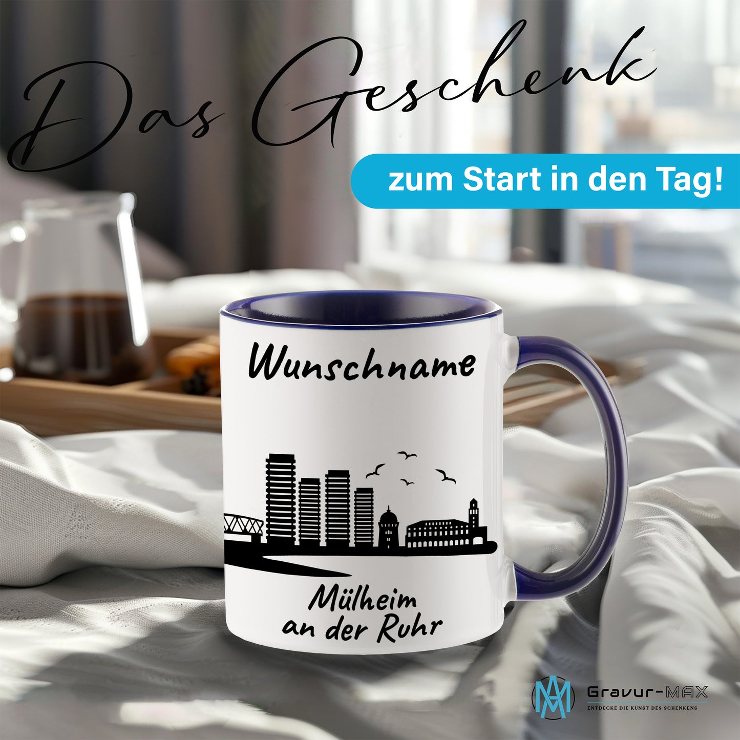 Tasse in Dunkelblau 330ml bedruckt mit der Skyline von Mülheim an der Ruhr personalisierbar mit Wunschname