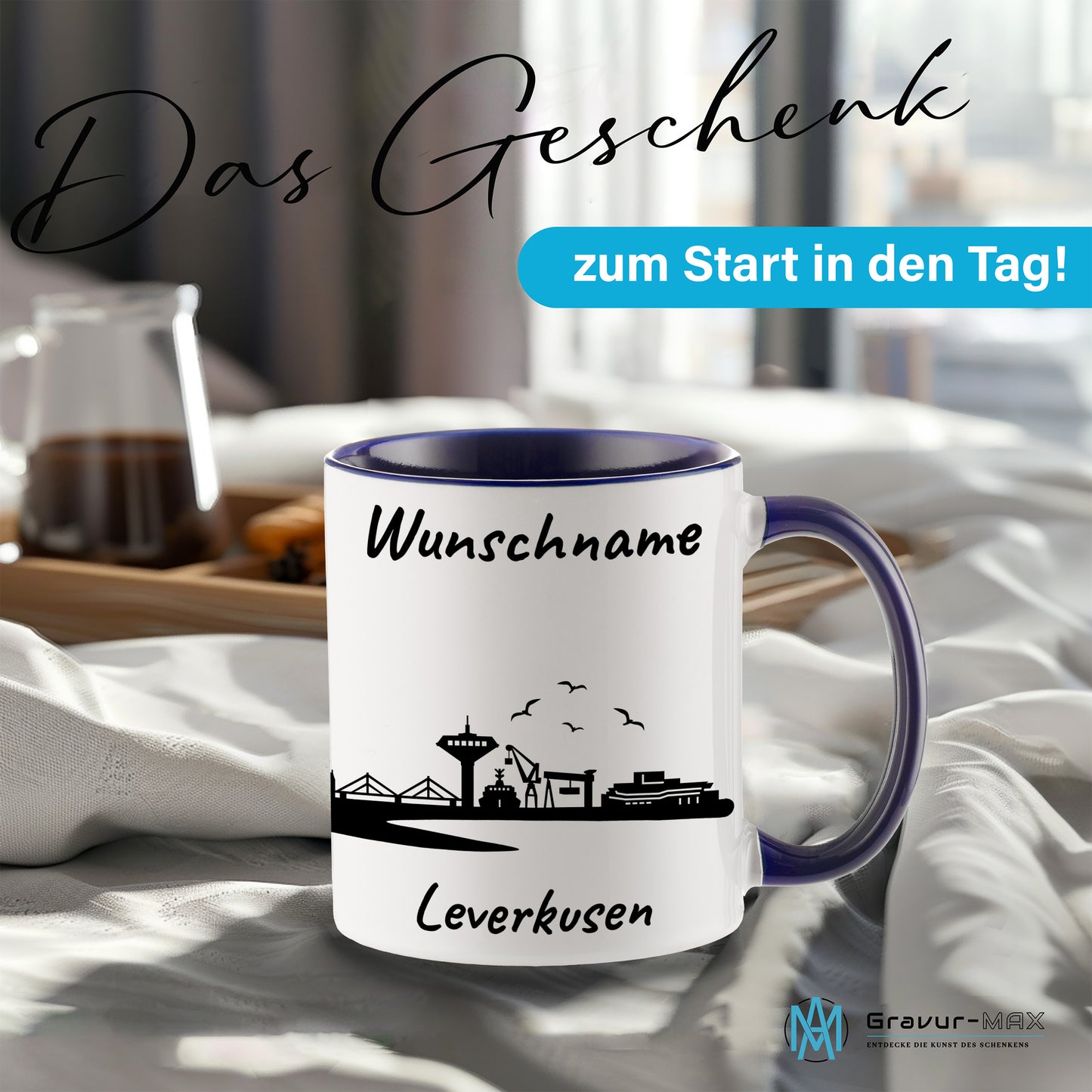 Tasse in Dunkelblau 330ml bedruckt mit der Skyline von Leverkusen personalisierbar mit Wunschname