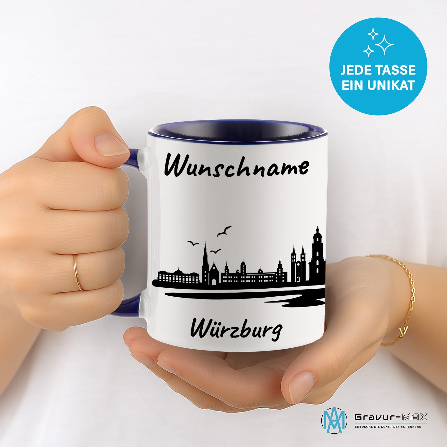 Tasse in Dunkelblau 330ml bedruckt mit der Skyline von Würzburg personalisierbar mit Wunschname