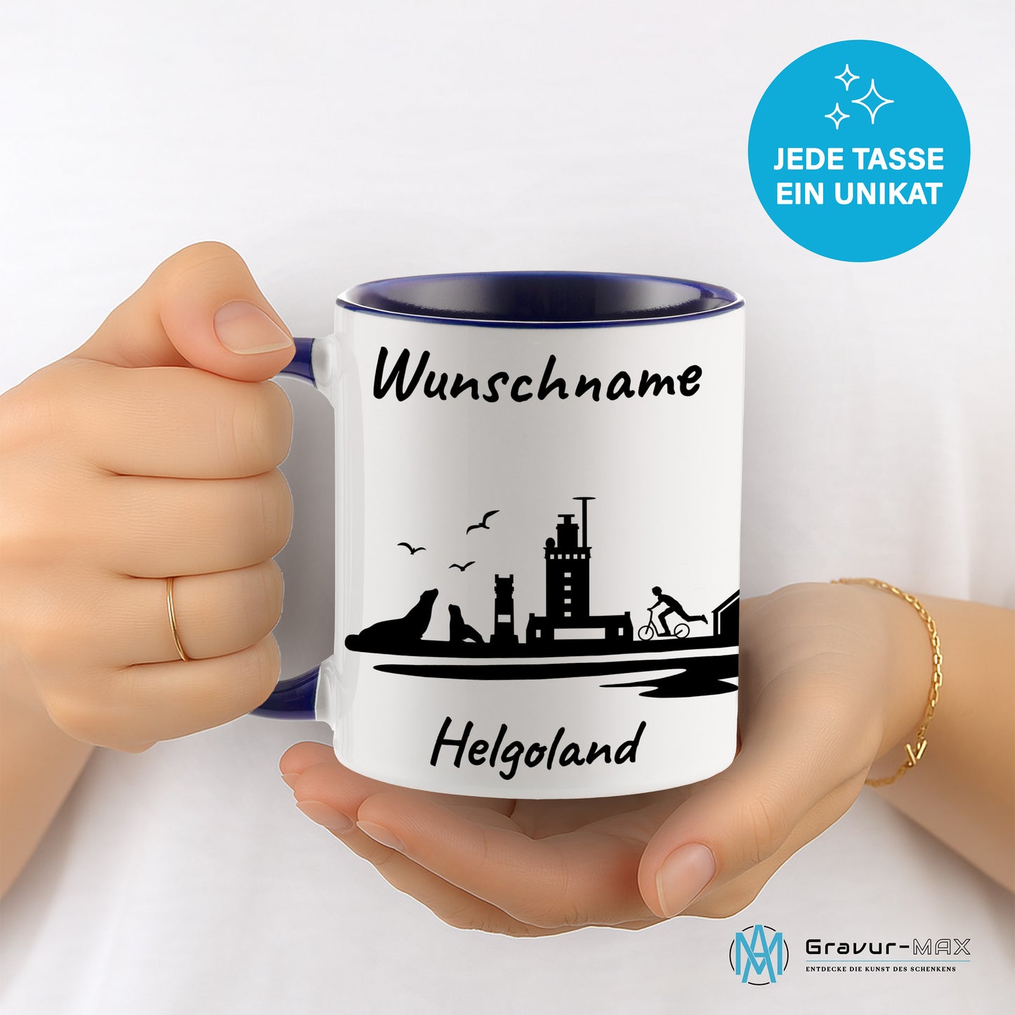 Tasse in Dunkelblau 330ml bedruckt mit der Skyline von Helgoland personalisierbar mit Wunschname
