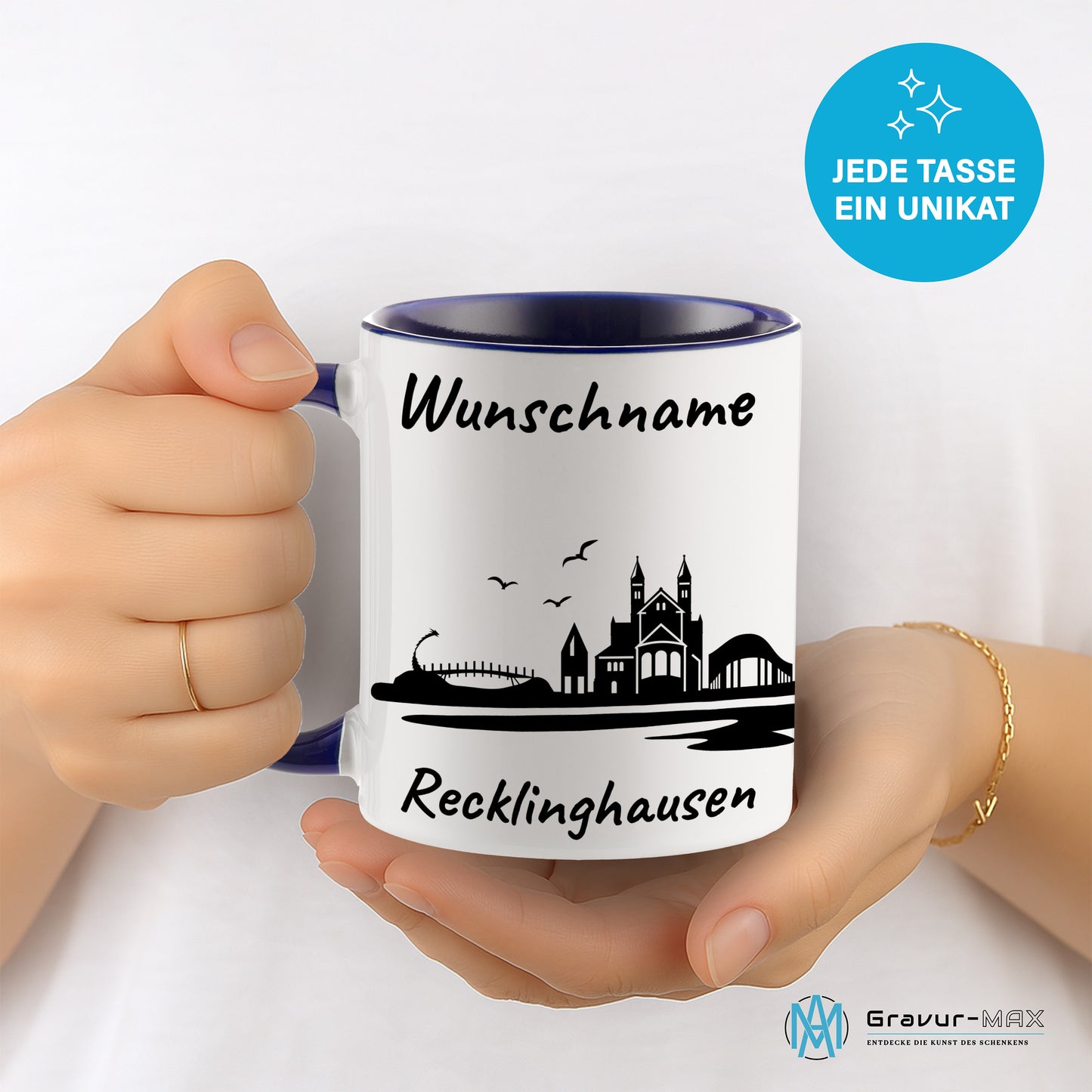 Tasse in Dunkelblau 330ml bedruckt mit der Skyline von Recklinghausen personalisierbar mit Wunschname