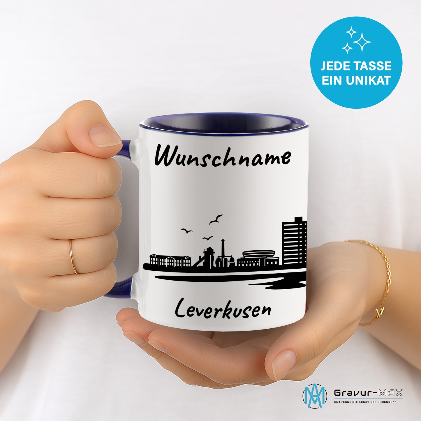Tasse in Dunkelblau 330ml bedruckt mit der Skyline von Leverkusen personalisierbar mit Wunschname