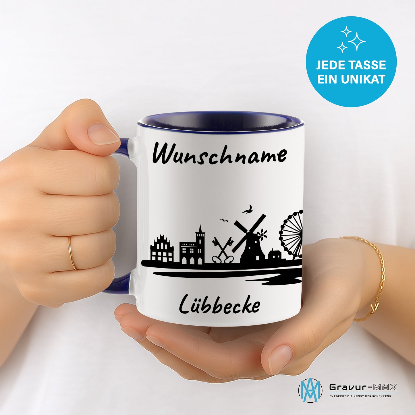 Tasse in Dunkelblau 330ml bedruckt mit der Skyline von Lübbecke personalisierbar mit Wunschname