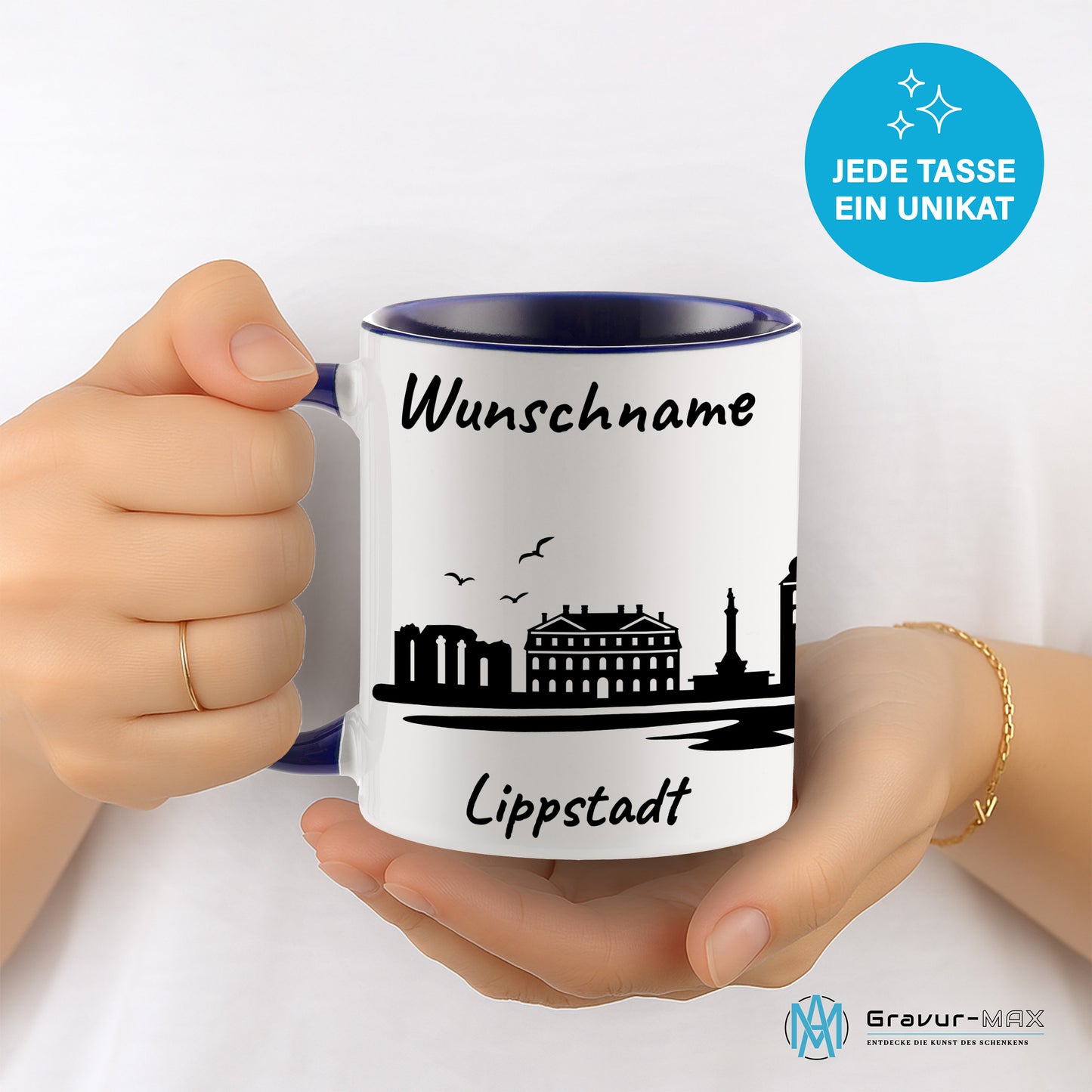 Tasse in Dunkelblau 330ml bedruckt mit der Skyline von Lippstadt personalisierbar mit Wunschname