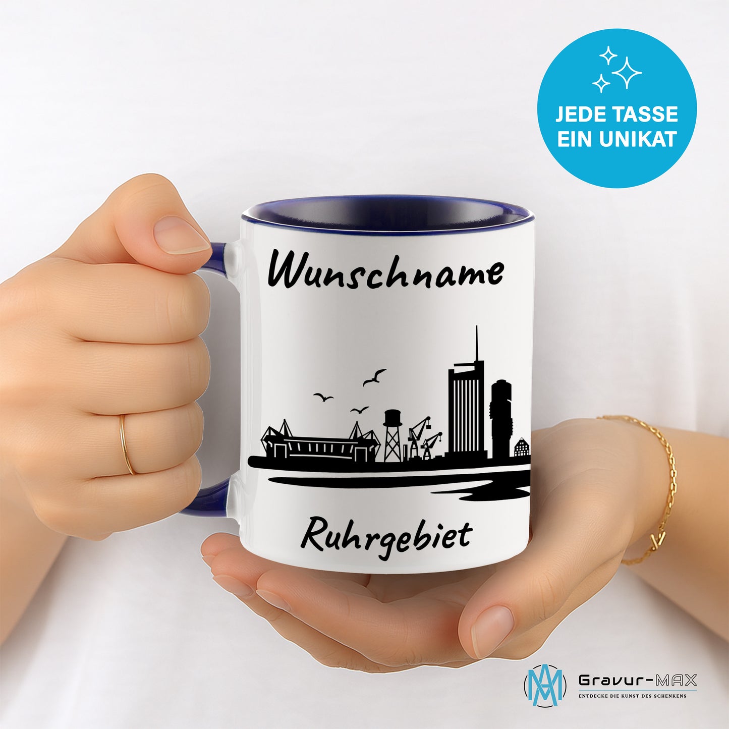 Tasse in Dunkelblau 330ml bedruckt mit der Skyline von Ruhrgebiet personalisierbar mit Wunschname